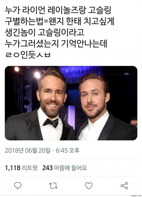 라이언 레이놀즈랑 라이언 고슬링 구분법 | 인스티즈